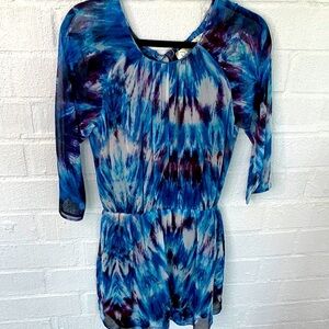 Rory Beca Silk Blue Tie Dye Long Sleeve Mini Dress size Medium
